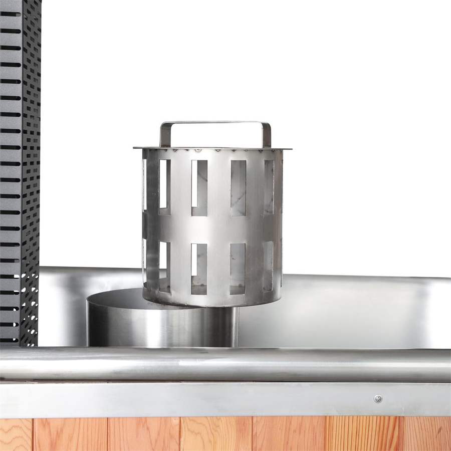 Stainless chimney guard detail on a Tubby wood-fired tub