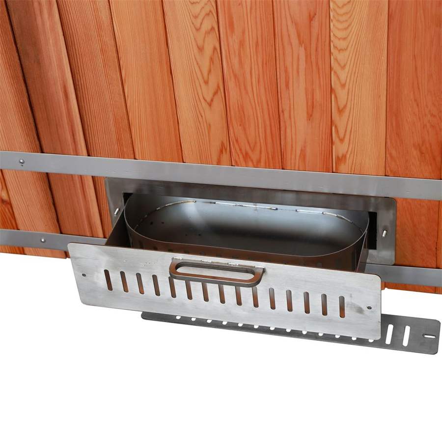 Integrated stainless firebox set into cedar cladding