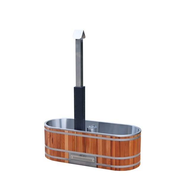 Humpday Haven oval wood-fired cedar bath with integrated heater and chimney
