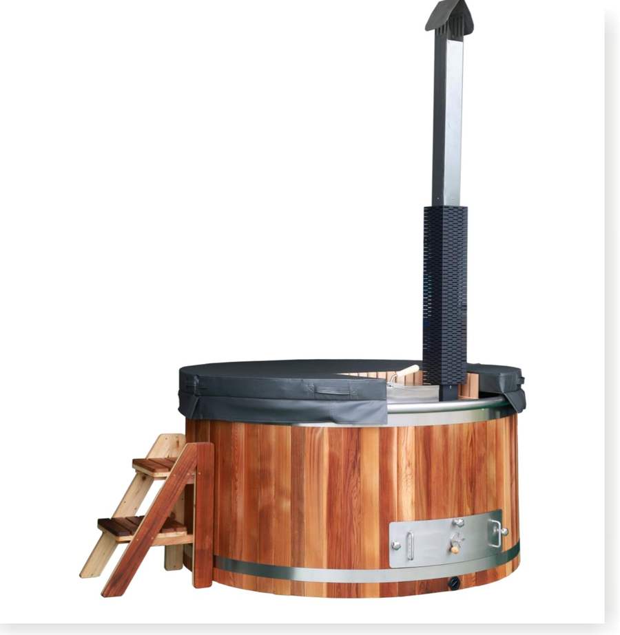Posh Grande wood-fired cedar hot tub with chimney, cover, steps and firebox door